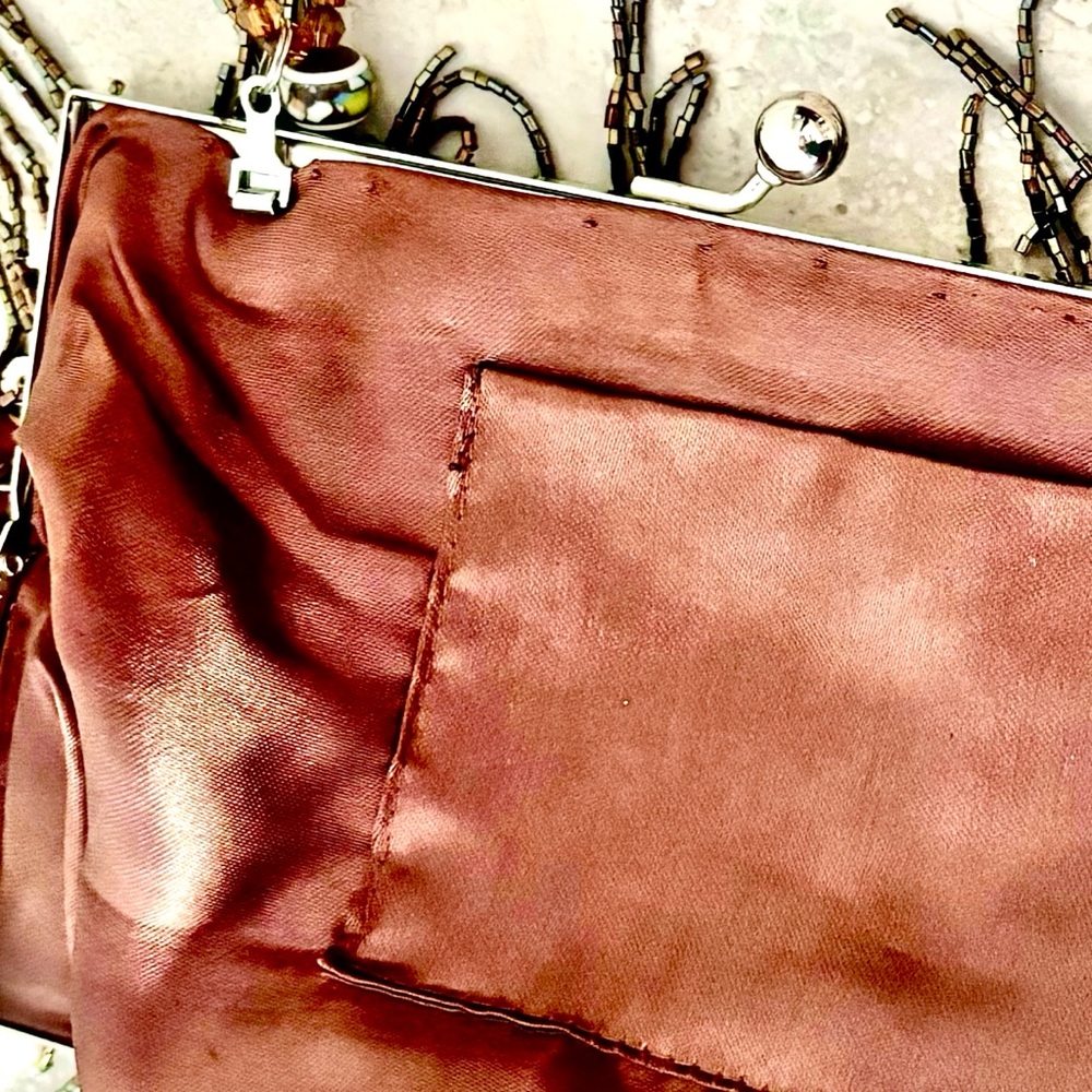 Formal vintage evening bag brown satin, sparkling sequins, beads- specia… - Picture 5 of 9
